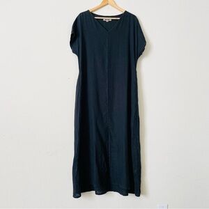 Flax SMALL 100% linen black Vneck pocketed maxi dress